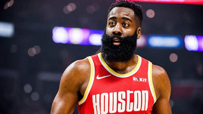 Houston Rockets guard James Harden reacts